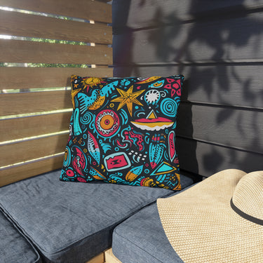 Beach Graffiti Blues Outdoor Throw Pillow